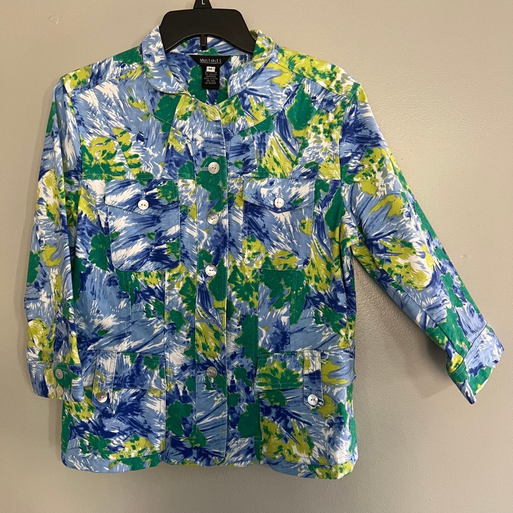 Multiples Blue Green Abstract‎ Floral Button Front Jean Jacket Size M watercolor